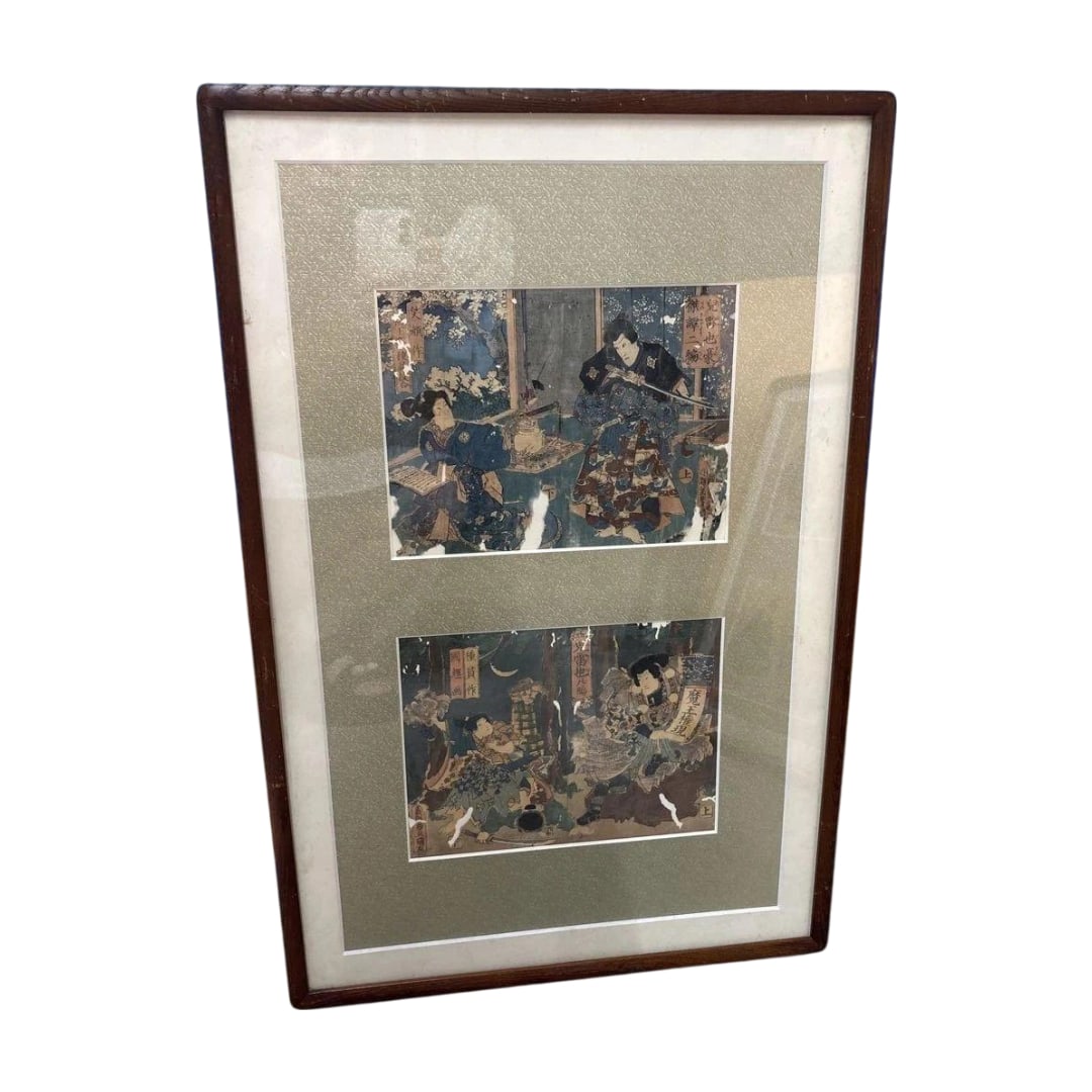 Ukiyo-e Woodblock Print "Jiraiya Goketsu Monogatari" by Utagawa Kunisada and Utagawa Kuniteru,: Ukiyo-e Woodblock Print "Jiraiya Goketsu Monogatari" by Utagawa Kunisada and Utagawa Kuniteru, Framed Dimensions: 40 x 61 cm This is a woodblock print depicted using traditional multi-color printing t