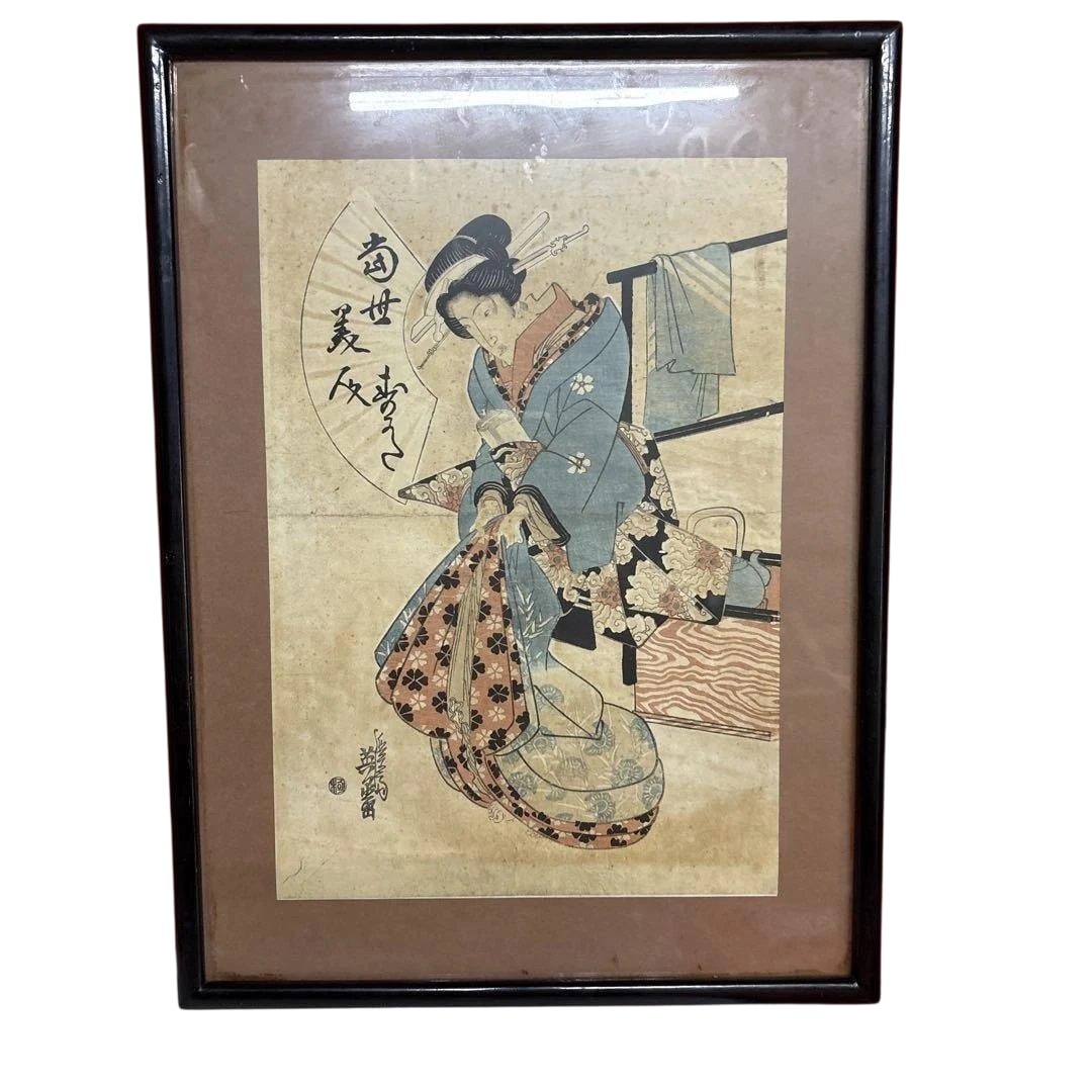 Ukiyo-e Woodblock Print Bijin-ga Keisai Eisen (Keisai Eisen) Framed: Ukiyo-e Woodblock Print Bijin-ga by Keisai Eisen, Framed Original Paper Size: 26.5 x 38.5 cm This is a woodblock print depicted using traditional multi-color printing techniques, featuring a figure in