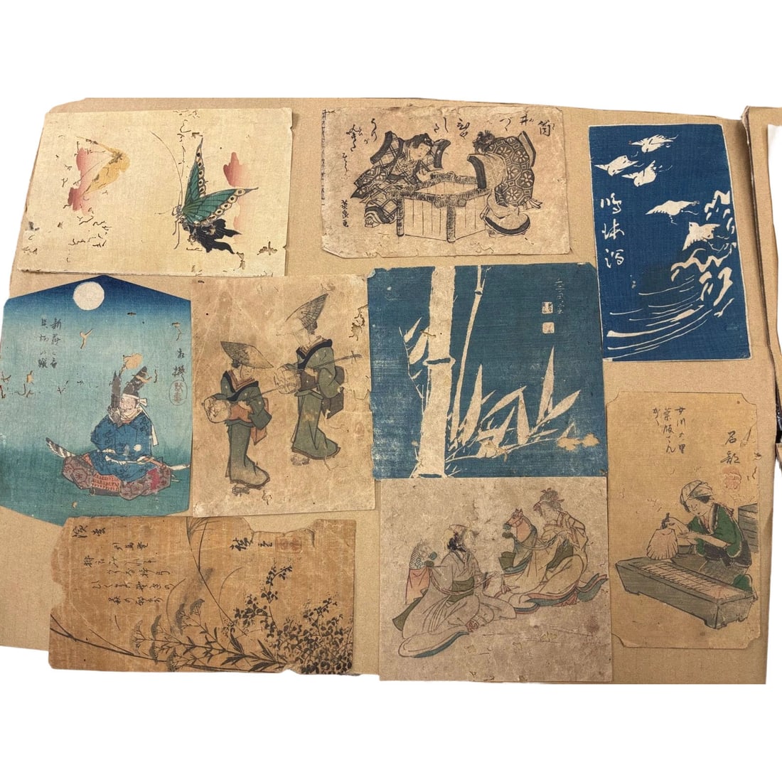 Edo Period Ukiyo-e and Ezoshi Collage Fragments, Set of 50 Pieces: A rare set of 50 complete pieces of Edo period ukiyo-e sketchbook collage fragments. The magnificent depiction of Edo customs and nature created by the renowned artist Utagawa Hiroshige (Utagawa Hiros