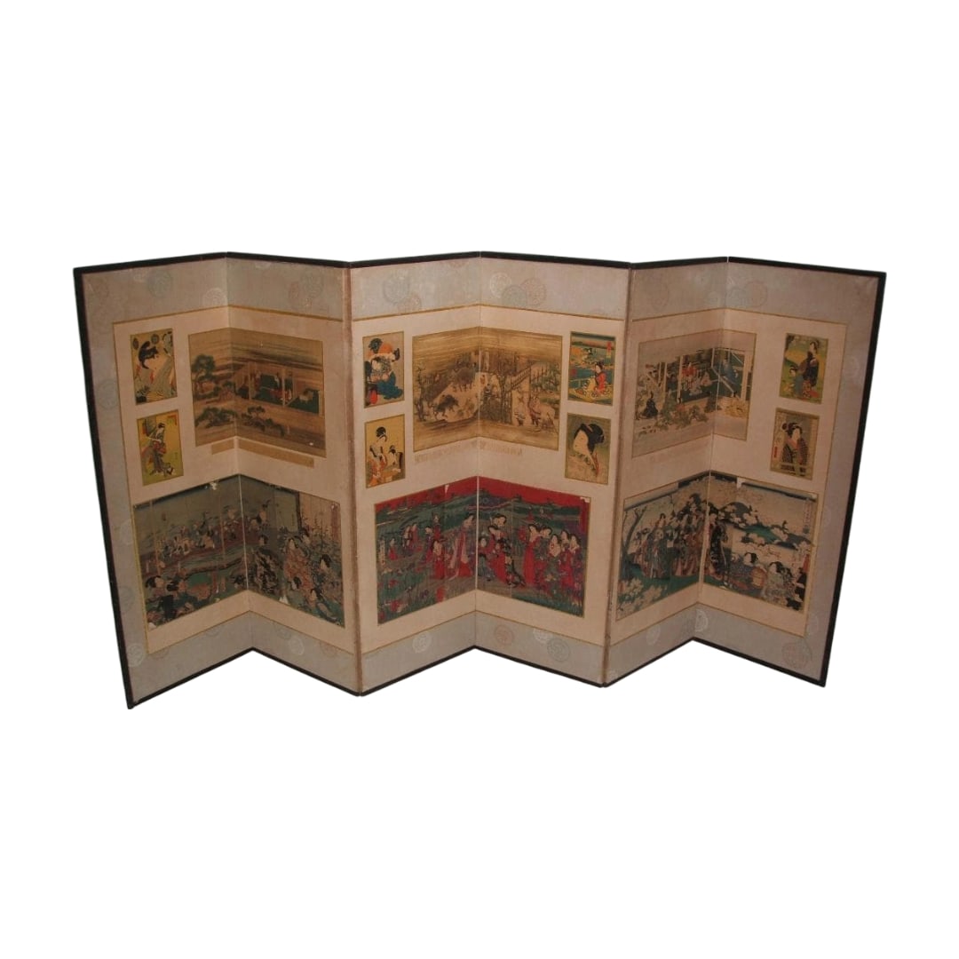Six-panel folding screen of Ukiyo-e: Six-Panel Folding Screen of Ukiyo-e This is a six-panel folding screen composed of multiple ukiyo-e collages, showcasing Japan's traditional customs and stories through exquisite multi-color printing.