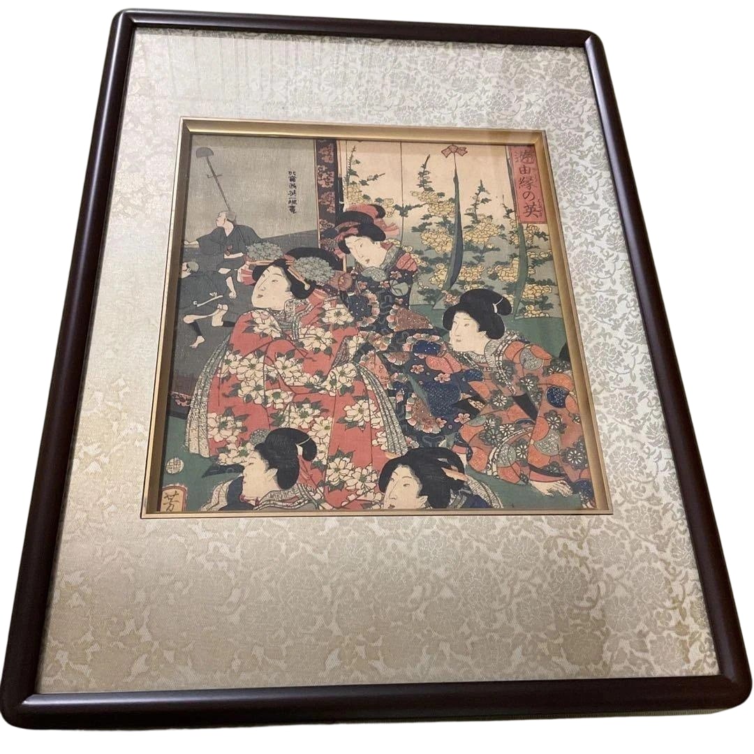 Ukiyo-e by Yoshiiku , "Genji Asobi Yuen no Hana" , Framed.: Ukiyo-e by Ochiai Yoshiiku, "Genji Yuyuen no Hana" Framed This is an ukiyo-e work created by Ochiai Yoshiiku (Ochiai Yoshiiku), titled "Genji Yuyuen no Hana," depicting a framed woodblock print of wom
