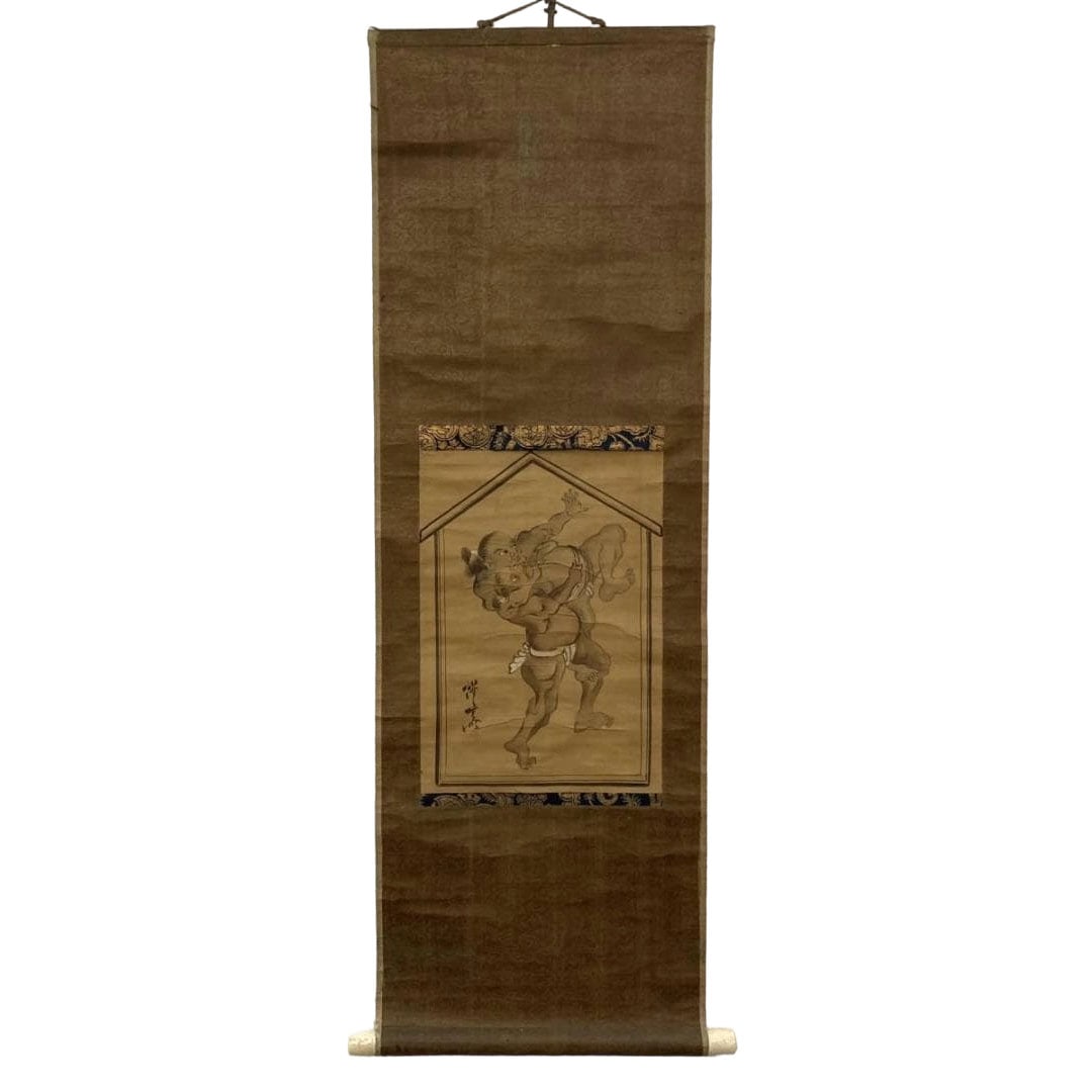 "Sumo" / Kawanabe Kyosai (studied under Utagawa Kuniyoshi and Kano Dohaku) Hanging Scroll, Silk: (1 of 9)