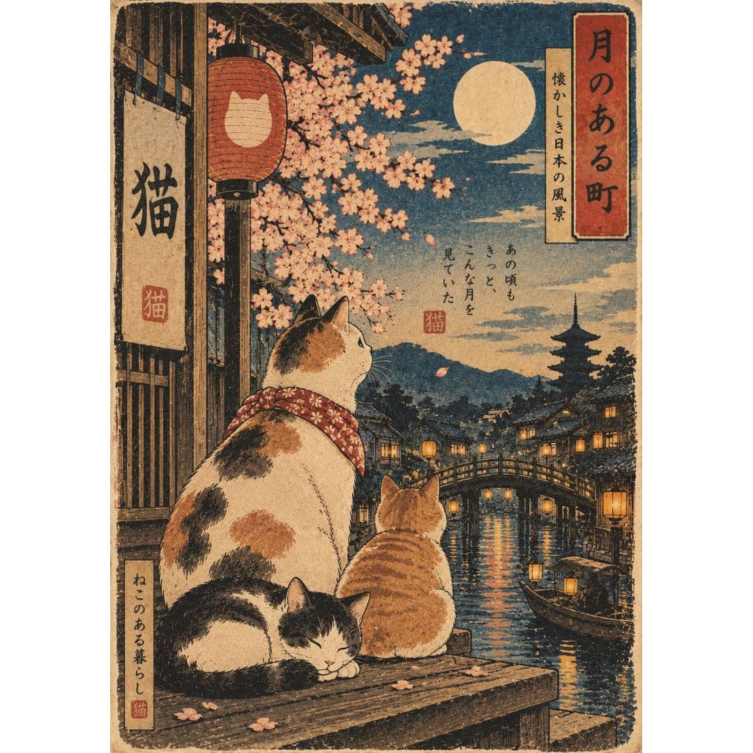 "Tsuki no Aru Machi" Ukiyo-e (Town with the Moon Ukiyo-e): This is an emotionally charged ukiyo-e style art poster, featuring a full moon and cherry blossoms, with a riverside town as the backdrop, where cats gaze at the night scene. Theme: Cats, Moon, Cherry