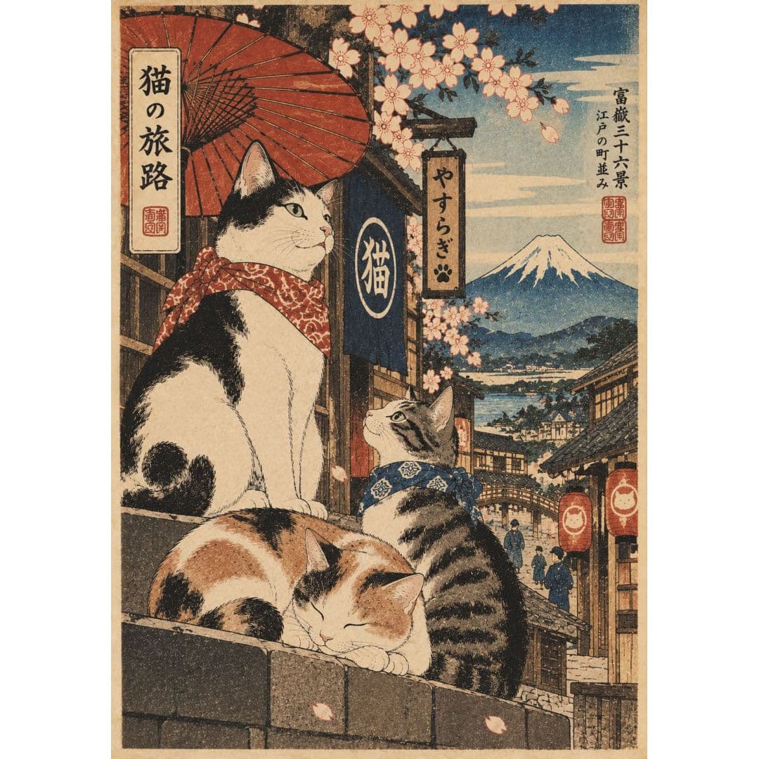 "Cat's Journey" Ukiyo-e Art Poster: "The Journey of Cats" Ukiyo-e Art Poster This is an emotionally rich ukiyo-e style art poster, depicting a scene where cats dressed in travel attire leisurely stroll along the streets of Edo, with Mou