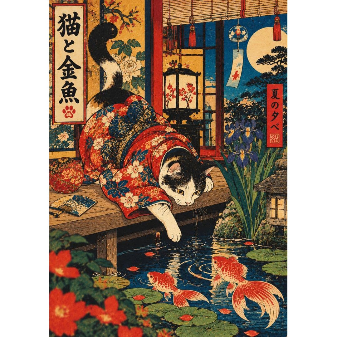 Cat and Goldfish "Summer Evening" Ukiyo-e Style Art Poster (1 of 2)