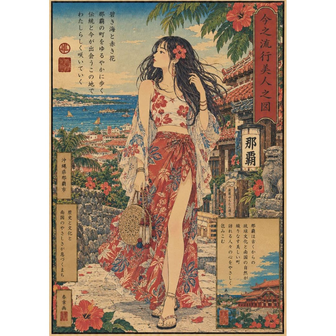Contemporary Popular Beauty Picture "Naha" Art Poster: "Image of the Modern Beauty in Fashion" Naha Art Poster This is a nostalgic and beautiful digital art poster, depicting modern women using the ukiyo-e style, set against the backdrop of the street
