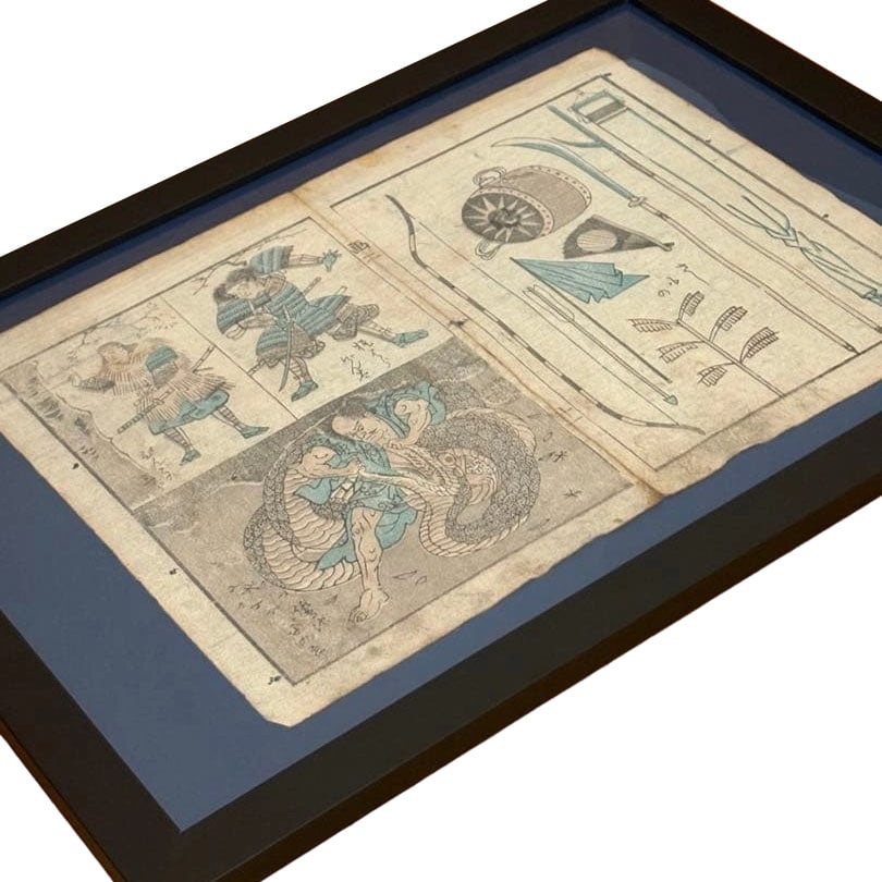 Authentic Edo Period Ukiyo-e "Giant Serpent/Warrior" (Utagawa Hiroshige II): Authentic Edo Period Ukiyo-e "Great Serpent/Warrior" (Utagawa Hiroshige II) This is a work by Utagawa Hiroshige II , featuring a page from "Shoshoku Gatsuto" mounted in a frame. The piece is set in a