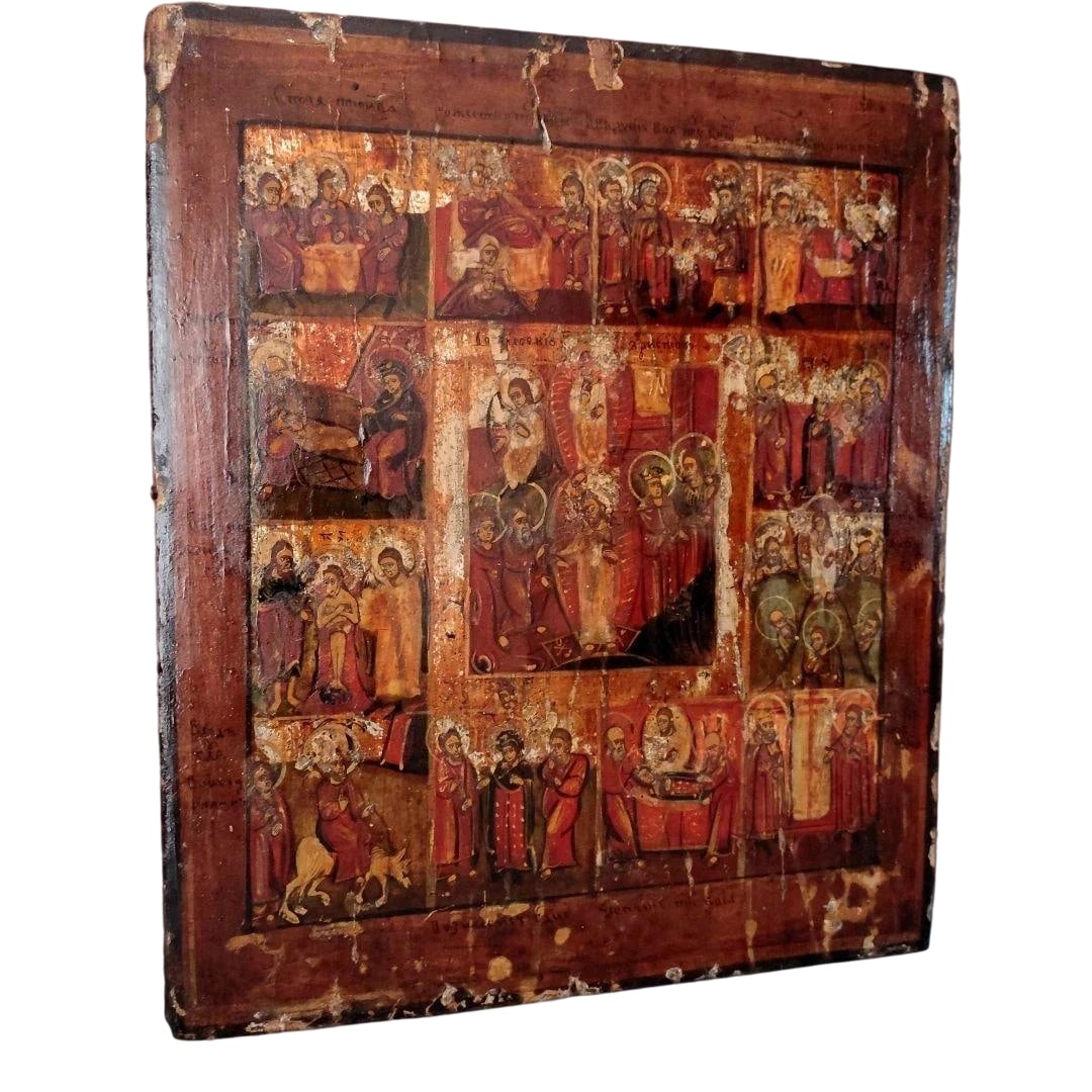 Early 20th Century Russian Orthodox Icon with Riza / Wooden Panel "Resurrection and the Twelve Great: Early 20th Century Russian Orthodox Icon with Riza / Wooden Panel "Resurrection and the Twelve Great Feasts" Fine Icon Painting Consignor's Introduction Purchased during a visit to an antique shop in 
