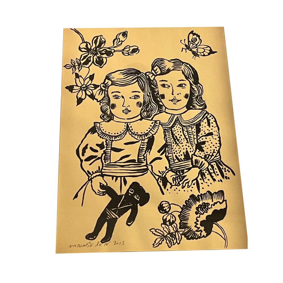 Nathalie Lete Original Painting: Two Girls: Original Artwork "Two Girls" by Nathalie Lete This is an original artwork by the French artist Nathalie Lete. The painting depicts two girls wearing classic dresses with identical collars. The lower r