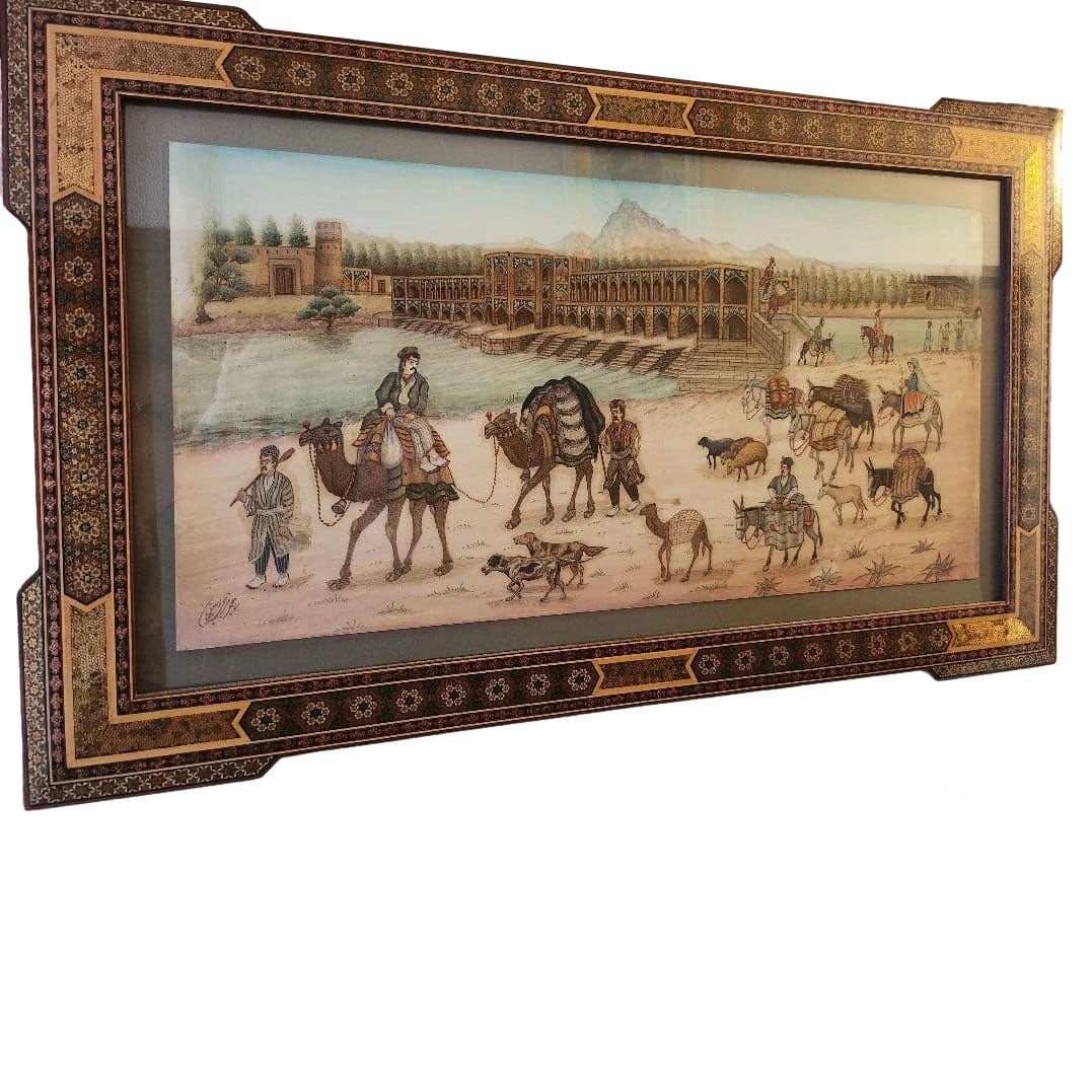 Isfahan Miniature Painting, Si-o-se-pol Landscape, Framed with Khatamkari: Isfahan Miniature Painting: Si-o-se-pol Landscape with Khatamkari Mounting This is a high-grade artwork depicting the famous Isfahan landmark, Si-o-se-pol (33-arch bridge), in miniature painting (micr
