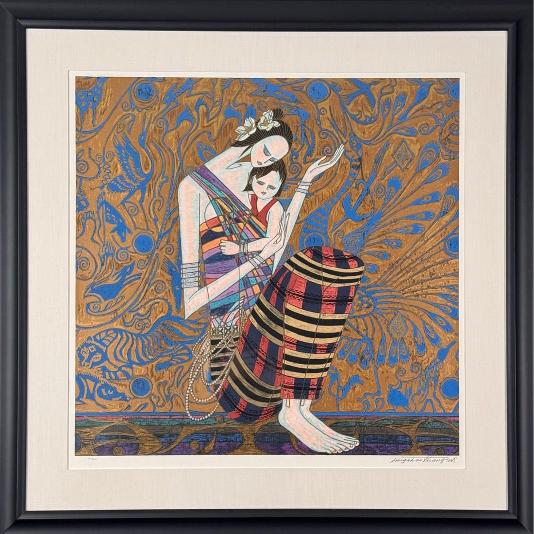 Ding Shaoguang, "Lullaby," Silkscreen Print, No. 25, Hand-Signed.: Ding Shaoguang, "Lullaby," Silkscreen Print, No. 25, Hand-Signed Artwork Dimensions: Height 72 cm, Width 73 cm. Frame Dimensions: Height 104 cm, Width 104 cm. Includes storage box and bag. Artwork