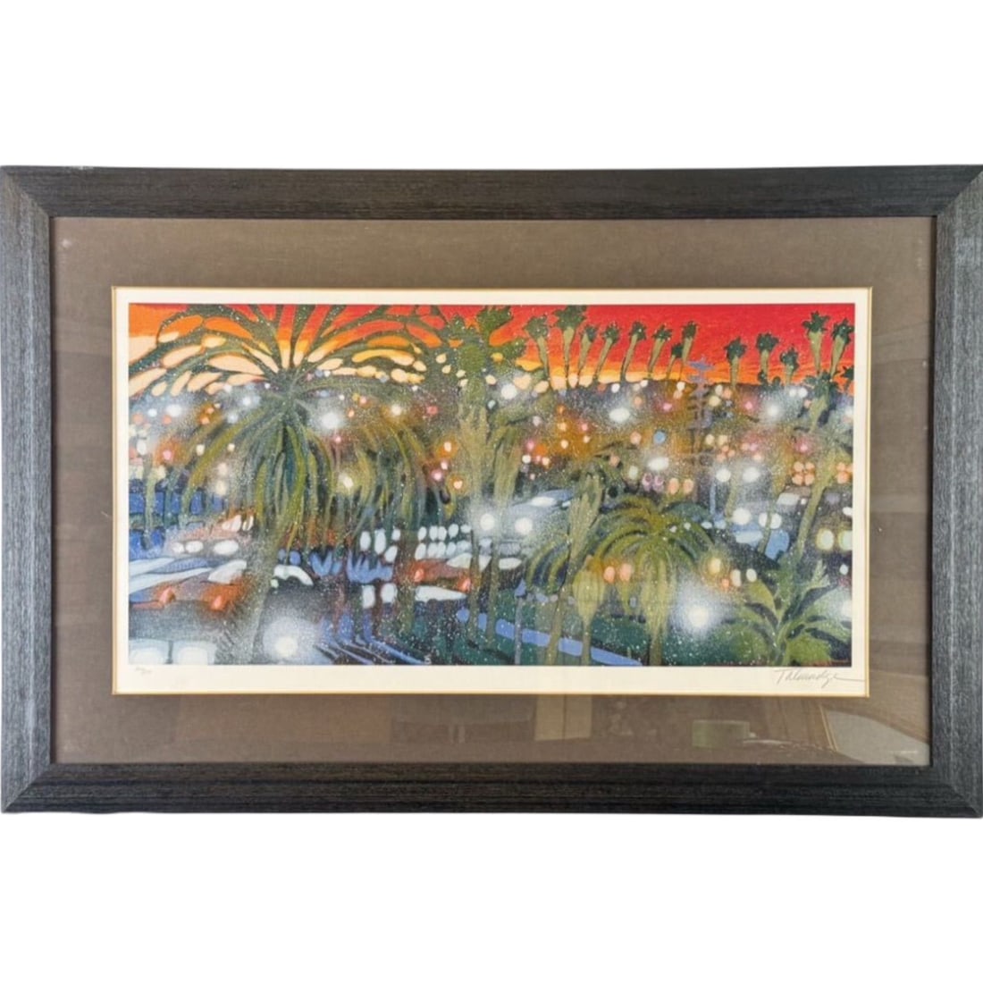 James Talmage, "Santa Monica Sunset," silkscreen print, No. 25, signed by the artist.: James Talmadge "Santa Monica Sunset" Silkscreen Print No. 25, Hand-Signed Frame dimensions: Height 77 cm, Width 116 cm; Artwork dimensions: Height 43 cm, Width 86 cm; Includes storage box. Condition