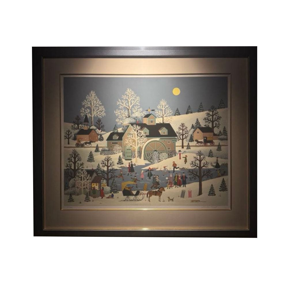 Jian Worcester Scott "Moonlight Funning" Limited Edition of 300: Jane Wooster Scott's silkscreen print "Moonlight Funning," limited edition of 300. The artwork depicts a scene of people enjoying ice skating and sledding in a winter village illuminated by
