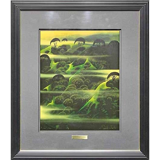 Eyvind Earle, "Morning Mist," Silkscreen Print: This is a silkscreen print created by Ai Ben'er, titled "Morning Mist," with the artist's signature. The image size is approximately 50 cm in height by 39.5 cm in width, and the framed dimensions are