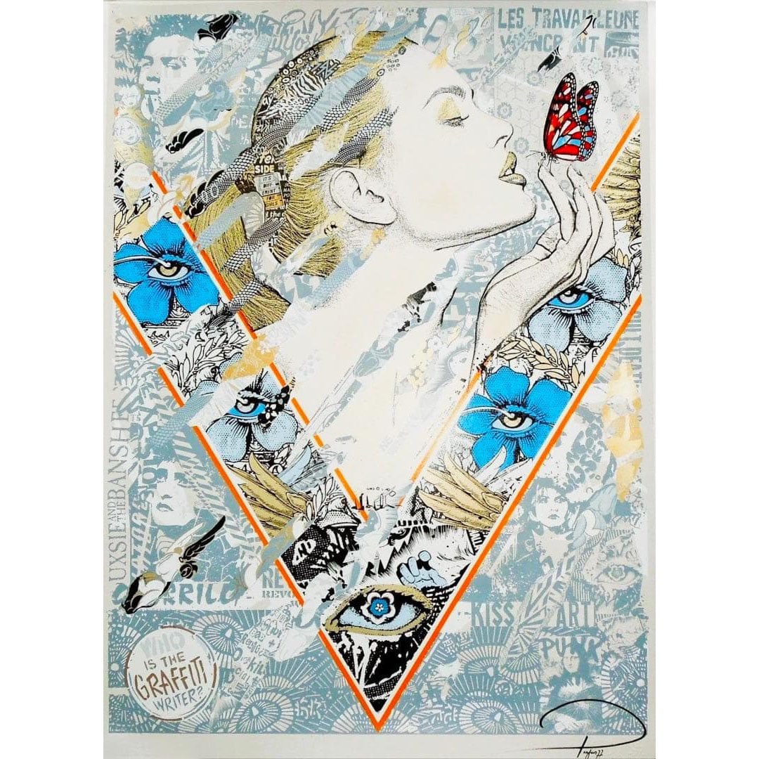 Original Work "Butterfly Collector" with Autograph: The piece is titled "Butterfly Collector," created in 2020 by the British artist Prefab77. The painting measures 56cm x 76cm, with an edition number of /60. The condition of the work is unused,