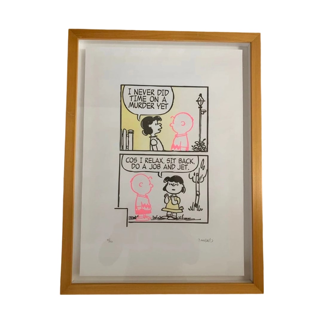 Mark Drew, Snoopy: This is a print created by Mark Drew, featuring lyrics by Dr. DRE: "I NEVER DID TIME ON A MURDER YET. COS I RELAX, SIT BACK, DO A JOB AND JET." The size is A3, using 3-color oil-based ink on paper,