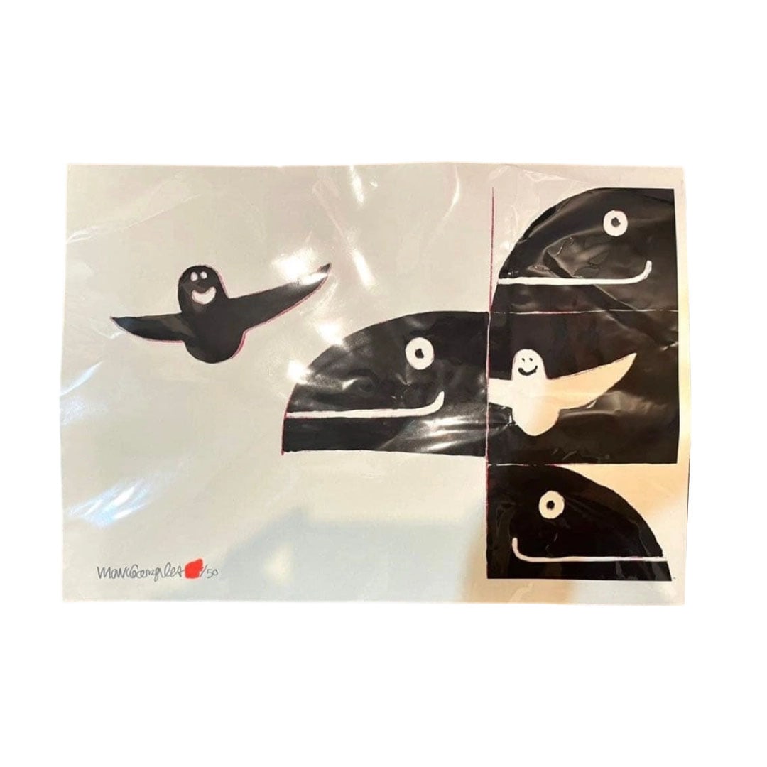 Mark Gonzales Art Silkscreen Print Limited Edition of 50: The work titled "Snow Problem" by Mark Gonzales is a screen print, measuring 42cm x 30cm, created in the year 2023. This piece was released in a limited edition of 50 during the solo exhibition held