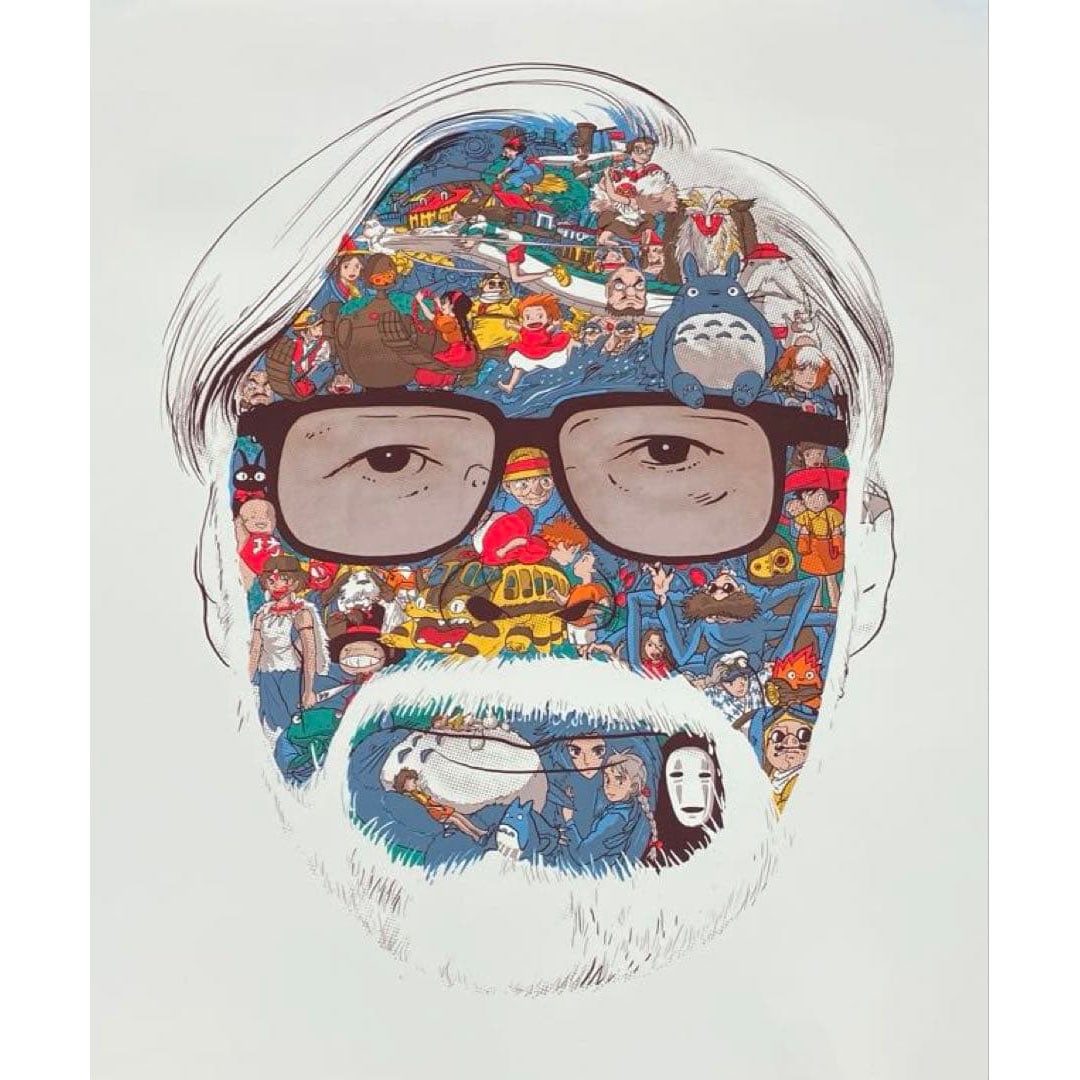 Miyazaki Hayao print, silkscreen.: Three years ago, 35 artist proof prints were released in a limited edition in the United Kingdom, using screen printing. The artwork depicts unique portrait art of colorful characters. Artist: Chris T