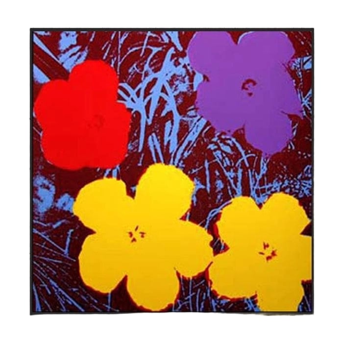 Mounted Work / Sunday B Morning Flowers by Andy Warhol (Andi Wahoru): Title: Sunday B Morning Flowers Open Edition. Artist: Andy Warhol (Sunday B Morning). Poster Dimensions: Vertical 90.3 x Horizontal 90.3 cm. Frame: Aluminum frame, fixed color in black. The reverse of