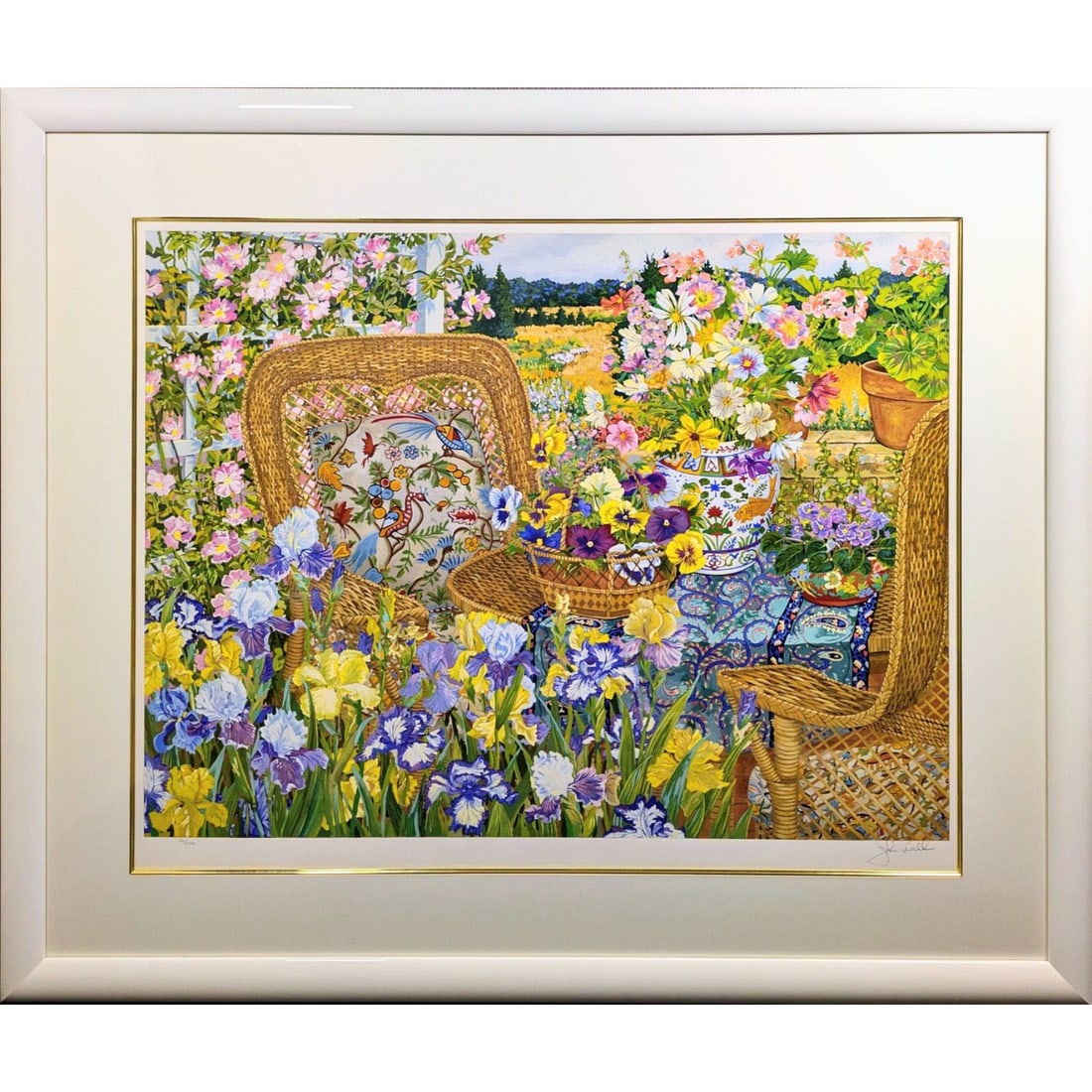 John Powell, Work, Silkscreen Print, "Spring Ibis," Framed, Hand-Signed, Pansy, Rose, Iris.: John Powell, Artwork: "Spring Ibis", Silkscreen Print, Framed, Hand-Signed, Pansy, Rose, Iris John Powell, the artwork titled "Spring Ibis", executed in silkscreen print, bears the artist's