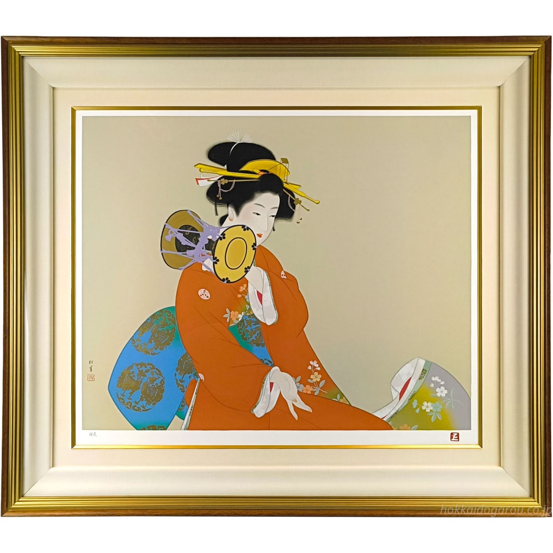 Uemura Shoen "Kotsu no Oto" Silkscreen Print Painting: Uemura Shoen, Silkscreen Print, Painting The image of a woman striking a drum with a dignified gaze conveys the perfect beauty of modern bijin-ga (beauty paintings). H.C. edition, signed. Technique: S