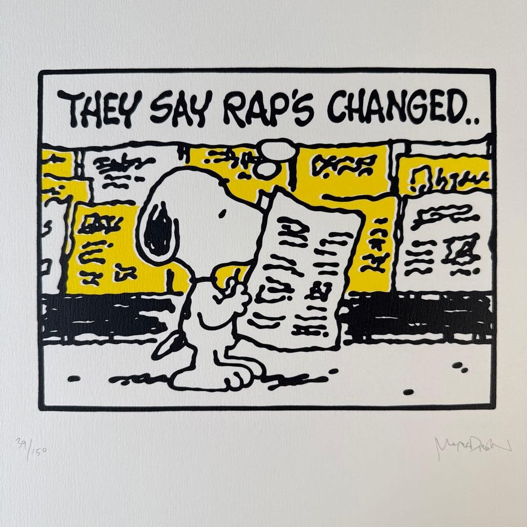 Mark Drew RAP Silkscreen Print 39/150: A signed and numbered screen print by Mark Drew, titled "THEY SAY RAP S CHANGED," created in 2020. Edition number 39/150, with paper dimensions of A3 (420 x 297 mm). The artwork will be carefully