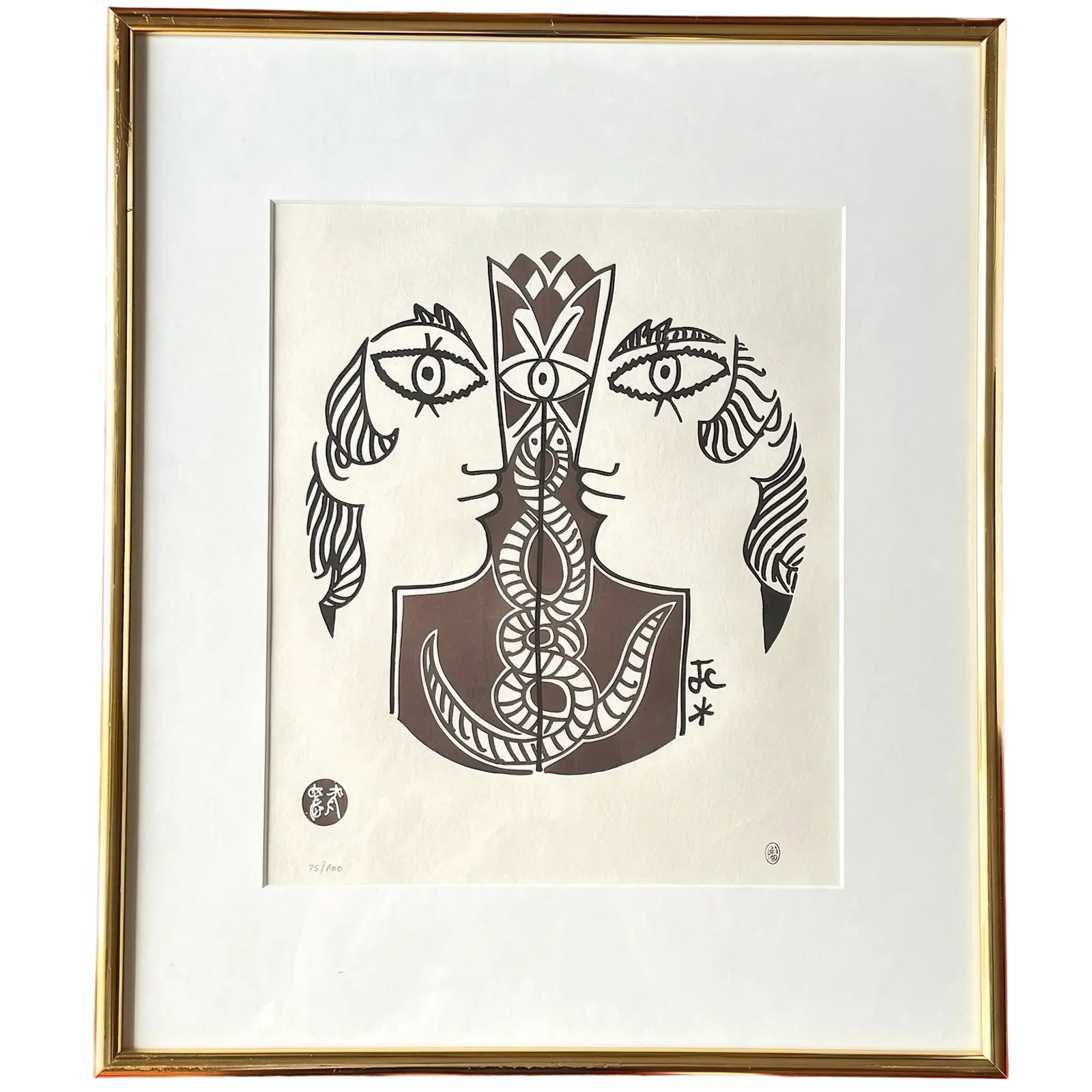 Jean Cocteau "Urban Legend - Lovers" pencil signature: This is a piece by Jean Cocteau titled "Urban Legend - Lovers," a print numbered No.75/100 in pencil, with a studio mark on the print. The dimensions of the artwork are 38.5 cm in height and 32.6 cm i