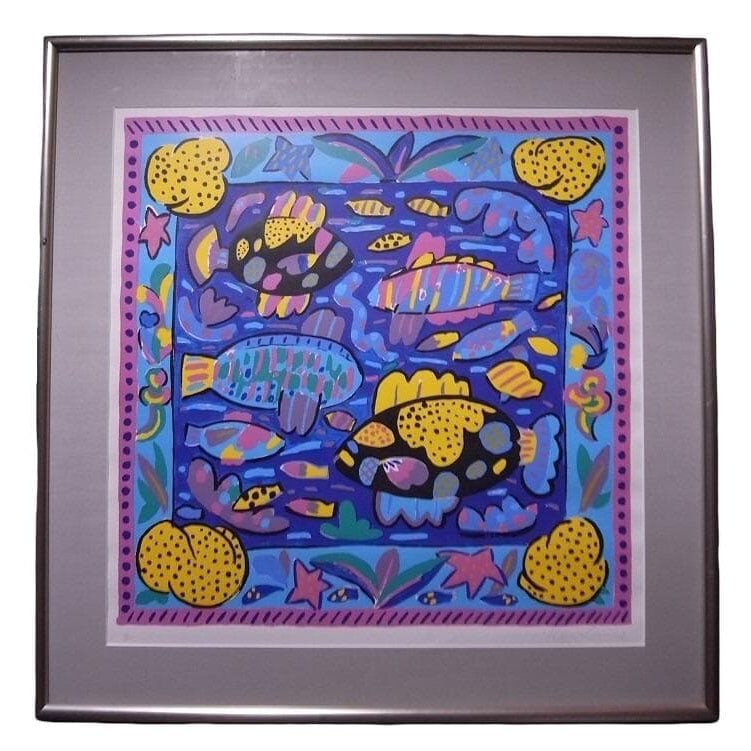 Extremely Rare Ken Done "Two Black Fish" 23/200 Large Framed: This work is a silkscreen print titled "Two Black Fish" by Ken Done. It is one piece from a limited edition (23/200), with a pencil signature in the lower right corner and the edition number in the lo