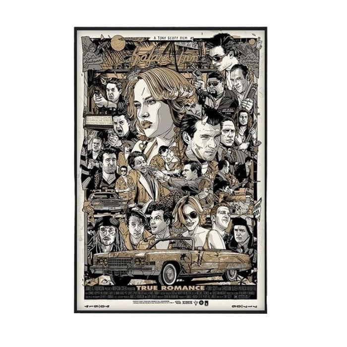 Mounting Work/Grey Matter Art/Tyler Stout/Interior Decoration/Poster: Artist: Tyler Stout. Title: Grey Matter Art True Romance Gold Edition, limited to 300 pieces, with handwritten numbering. Poster Dimensions: Vertical 91.5 x Horizontal 61 cm. Frame: Aluminum frame, bl