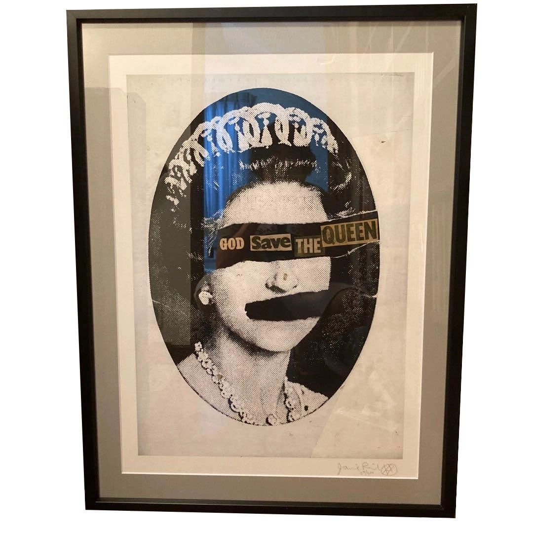 Jamie Reid, "GOD Save The Queen" print, framed.: GOD Save The Queen silkscreen print by Jamie Reid. Edition: 28/300. Condition: Framed. Dimensions: 72.5cm x 96cm. Signed by the artist.