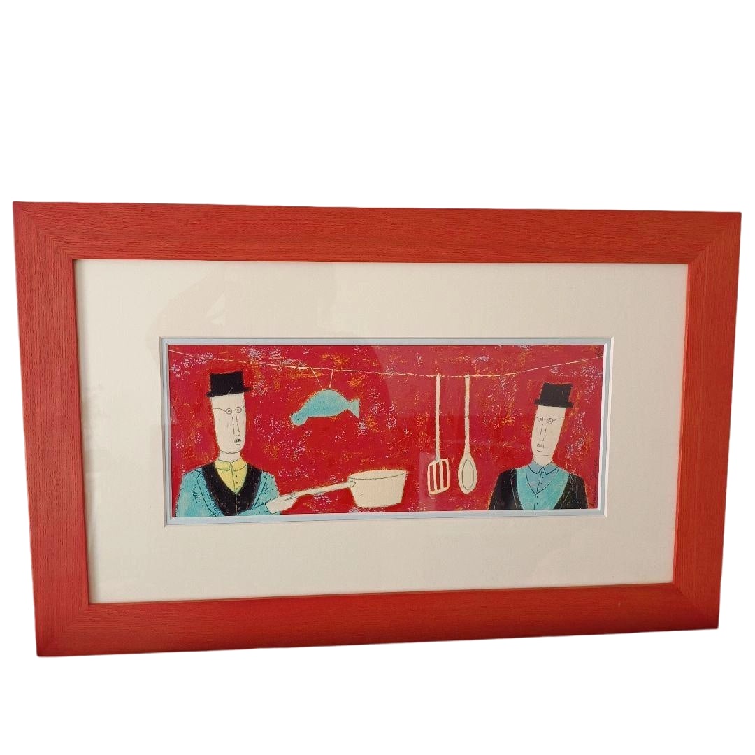 Silkscreen Print by Spence, "Bird on a Tightrope": This screen print by Spence, with a red wooden frame and red in the painting. Dimensions: width 67cm, height 42cm, thickness 2.5cm. Accompanied by a certificate of authenticity. Screen printing is a p