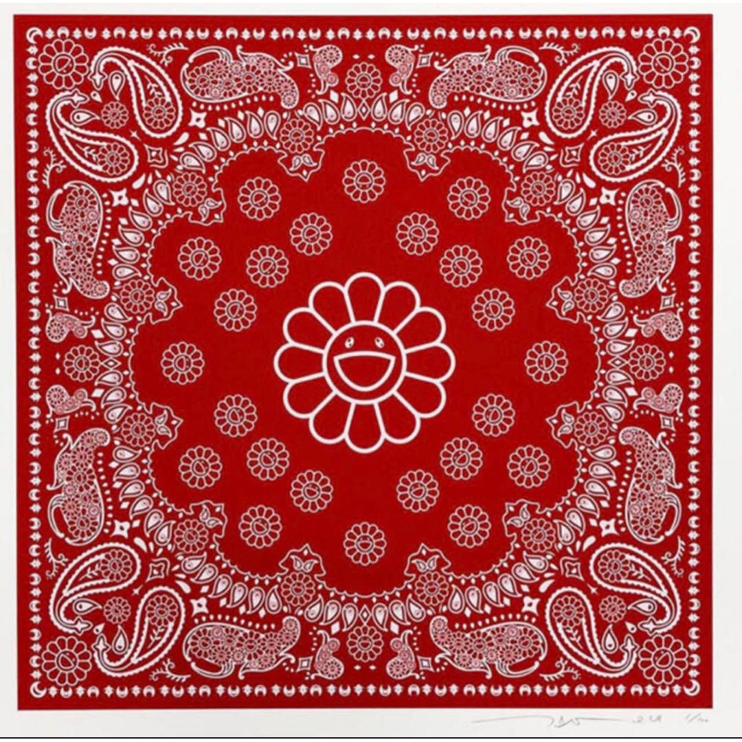 Takashi Murakami, silkscreen print, "Paisley Flowers", print.: This is a silkscreen print created by Takashi Murakami, featuring a red color palette with a paisley pattern and floral motifs. Limited edition of 100.