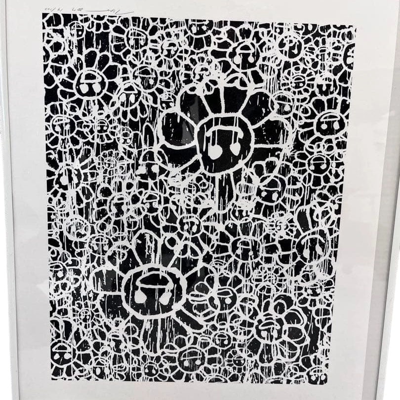 Murakami Takashi, MADSAKI, Flower: Takashi Murakami MADSAKI Flower Frame This is a screen print created in 2017, featuring patterns of flowers and faces. It is a limited edition work, numbered 14 out of 100. The dimensions are 470 by 3