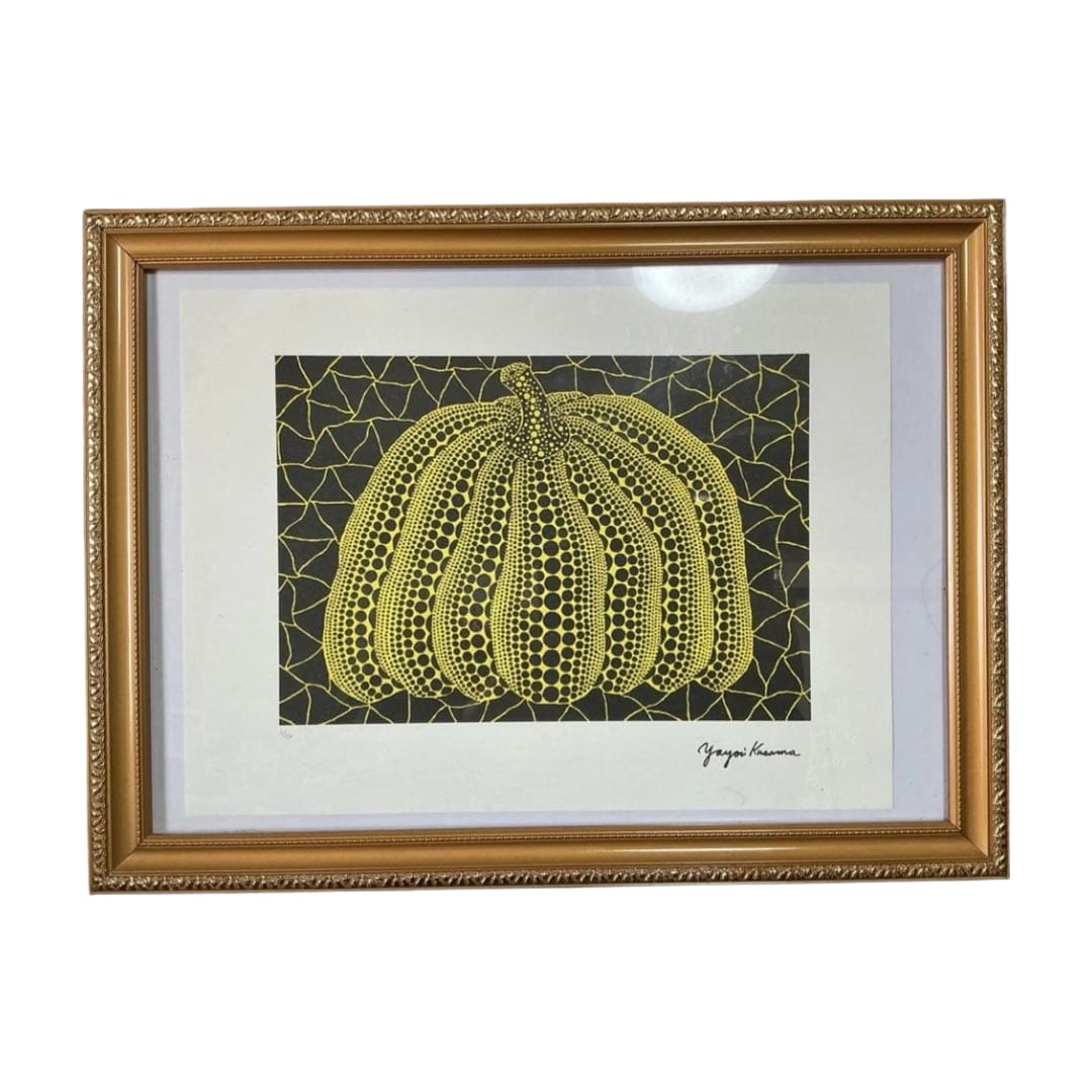Yayoi Kusama imitation work, Pumpkin, silkscreen print.: Silkscreen print of a pumpkin design by Yayoi Kusama. Produced as a reproduction. Artist: Yayoi Kusama. Title: Kabocha Pumpkin, with signature. Edition number visible in the photograph. Image dimensio