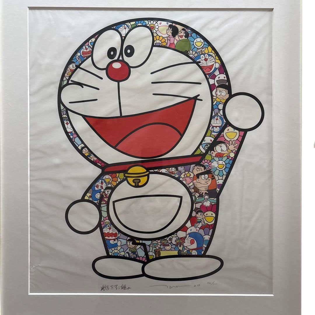 Takashi Murakami, "Doraemon" Silkscreen Print: This is a silkscreen print featuring a detailed depiction of Doraemon characters and flowers, with a limited edition of 300 pieces. The artwork is titled "Doraemon Thank You," with a limited edition n