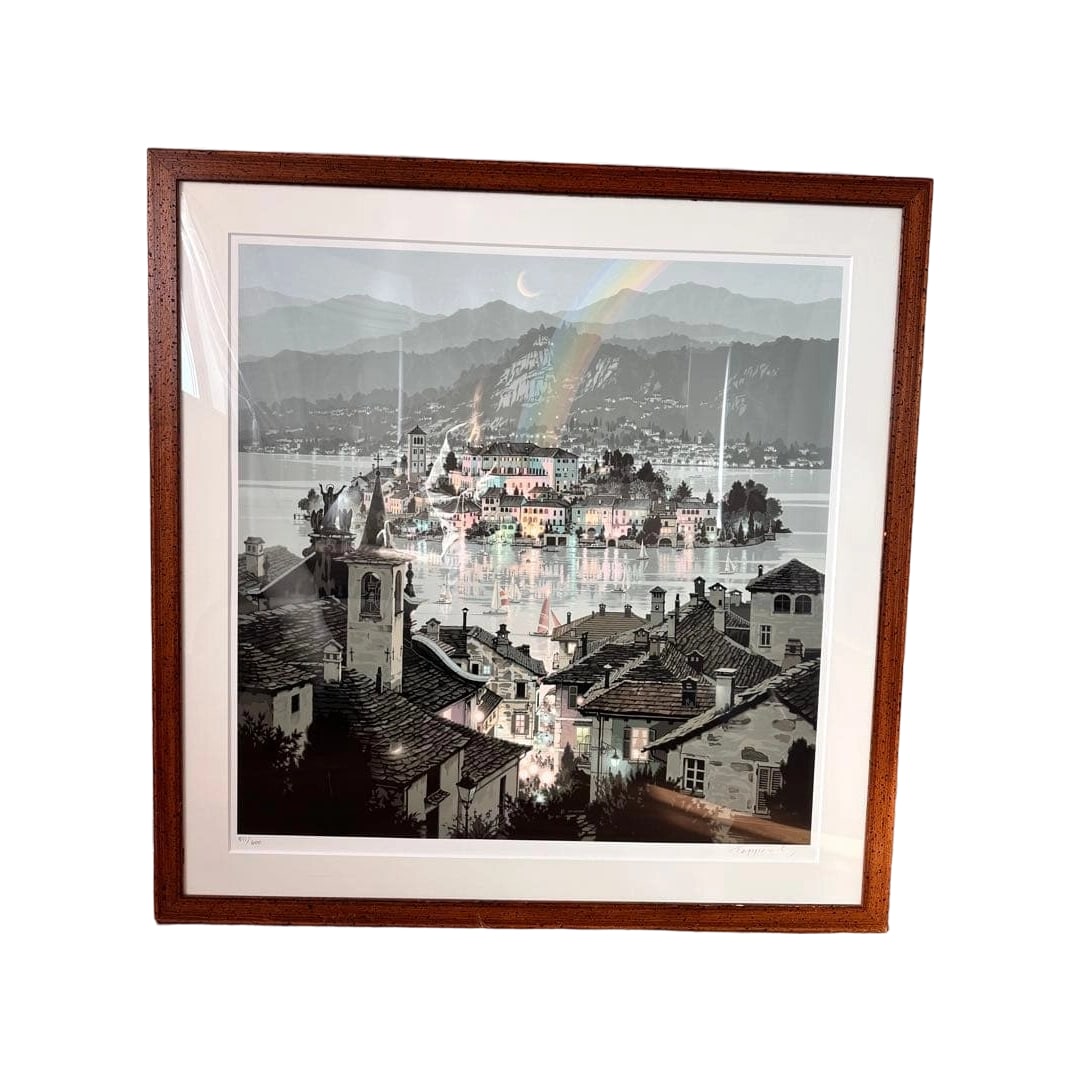 Sasakura Teppei, Orta San Giulio, Silkscreen Print: Sasakura Teppei, Orta San Giulio, Silkscreen Print This is a silkscreen print depicting a lakeside street scene with a rainbow. Purchased approximately 25 years ago. It was hung at home for several ye