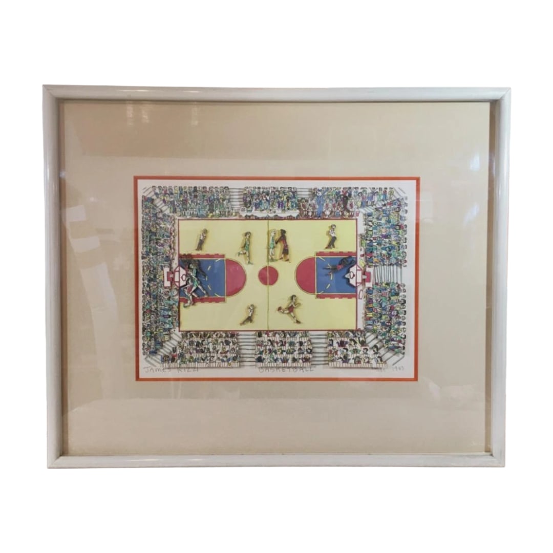 James Rizzi, Basketball, 1983, 3D Art: This is the work "BASKETBALL" by James Rizzi, created in 1983, limited to 125 pieces, hand-signed 56/125. The artwork dimensions are approximately 22.5 cm in height by 31.5 cm in width, with the frame