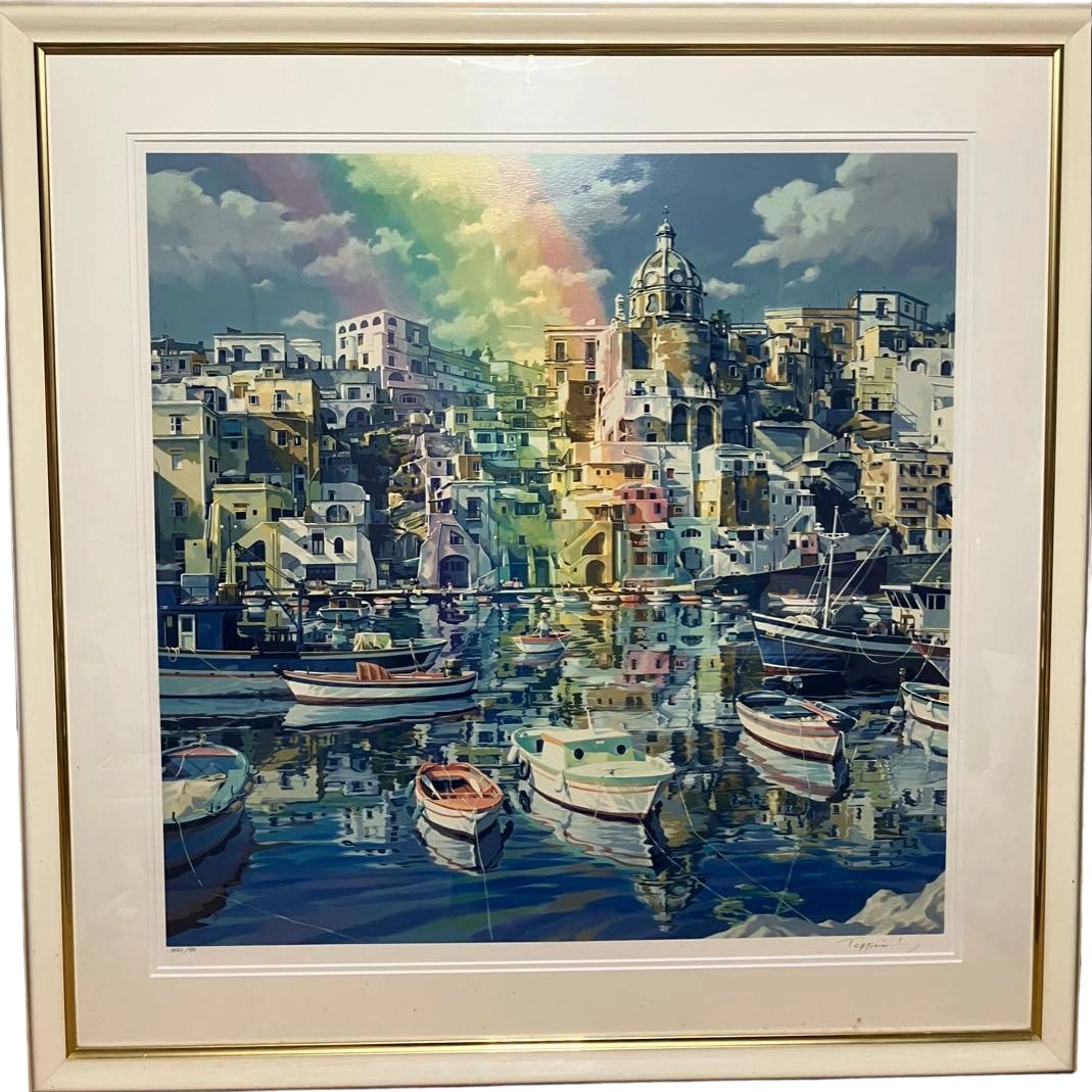 Sasakura Teppei, Silkscreen Print, "Port of the Rainbow": Artist: Sasakura Teppei Title: Silkscreen Print "Port of the Rainbow" This is a silkscreen print depicting a scenic view of a small port town under a rainbow, fully framed and ready for immediate disp
