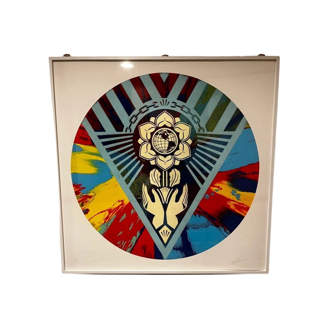 Shepard Fairey Damien Hirst Limited Edition of 250 HENI: This is an authentic piece purchased through a lottery by HENI Editions. The artwork "Beautiful Spin Earth Justice Spin Painting" is a 2025 creation, limited to 250 editions, with a direct signature a