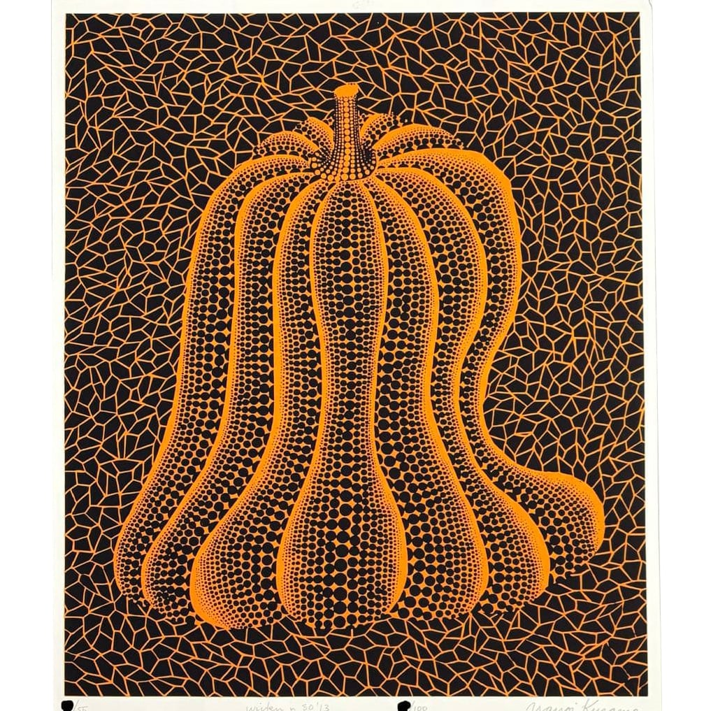 Reproduction of Large-Scale Artwork "Pumpkin" by Yayoi Kusama (Yayoi Kusama) in Orange x Black,: This is a representative piece from Ms. Yayoi Kusama's "Pumpkin" series, imitating a silkscreen print, with dimensions approximately 65cm x 53cm. The work features a vivid contrast of orange and black