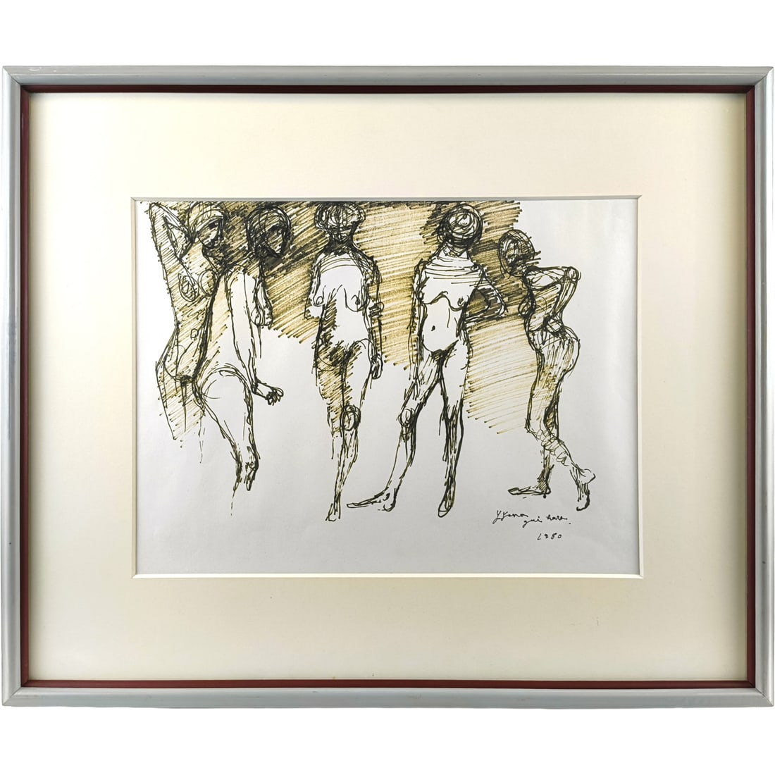YANAGIHARA Yoshitatsu, "Group of Nude Women," pen drawing, painting.: This is a pen drawing titled "Nude Woman Sketch," created in 1980. The dimensions of the artwork are 26 cm in height by 35 cm in width, and the frame measures 44 cm in height by 53 cm in width by 2 cm
