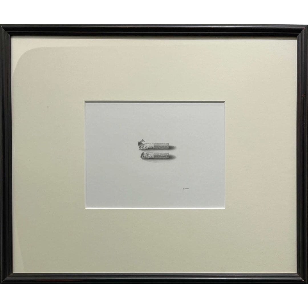 Hiroshi Noda, "Heavy Smoker," 1985, pencil drawing.: Hiroshi Noda, "Heavy Smoker," created in 1985. Medium: Pencil on paper. Dimensions: 15.0 x 20.0 cm (image size), framed dimensions: 37.0 x 44.5 cm. The frame is in good condition, with no noticeable d