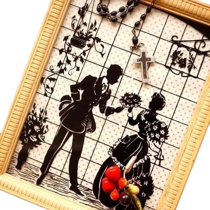 United States, 1930s-40s, Vintage Victorian Style Painting: United States, 1930s-40s, Vintage Victorian Style Painting This is a rare silhouette artwork from the United States, dating from the 1930s-40s. The silhouette art employs a reverse painting technique 