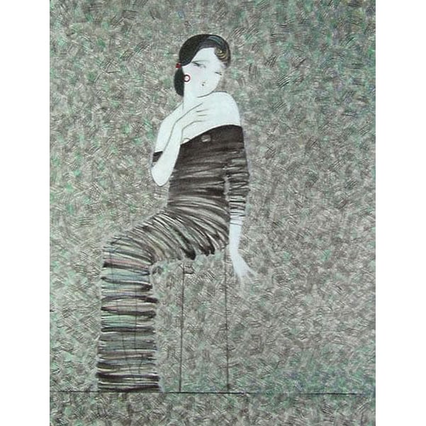 Oil Painting by Sugie Ryoko: A Decorative Painting of a Female Figure: The oil painting is size F6, measuring 41cm x 32cm, with a signature that is small and located in the lower right or lower left, or elsewhere. The reverse bears an inscription stamp, created in 2001. 