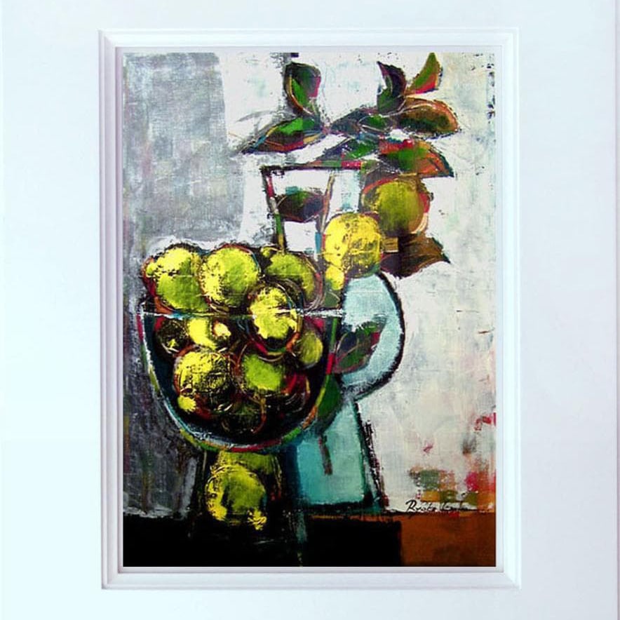 Oil Painting by Sugie Ryoko: Framed Artwork "Fruits and Lemons": The oil painting measures 40.5 cm x 31 cm in American dimensions, signed, with an inscription seal on the reverse, created in 2004. To maintain the durability of the canvas, the reverse may be primed.