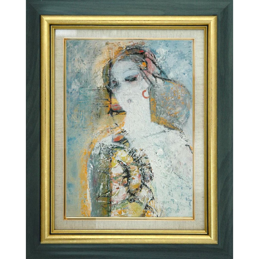 Oil Painting by Sugie Ryoko: Framed Work Depicting a Woman: Oil painting size F6, 41cm x 32cm, with signature, inscription seal on the back, created in 2011. Frame size approximately 57cm x 48cm, frame color is turquoise with a gold border, includes hanging ho