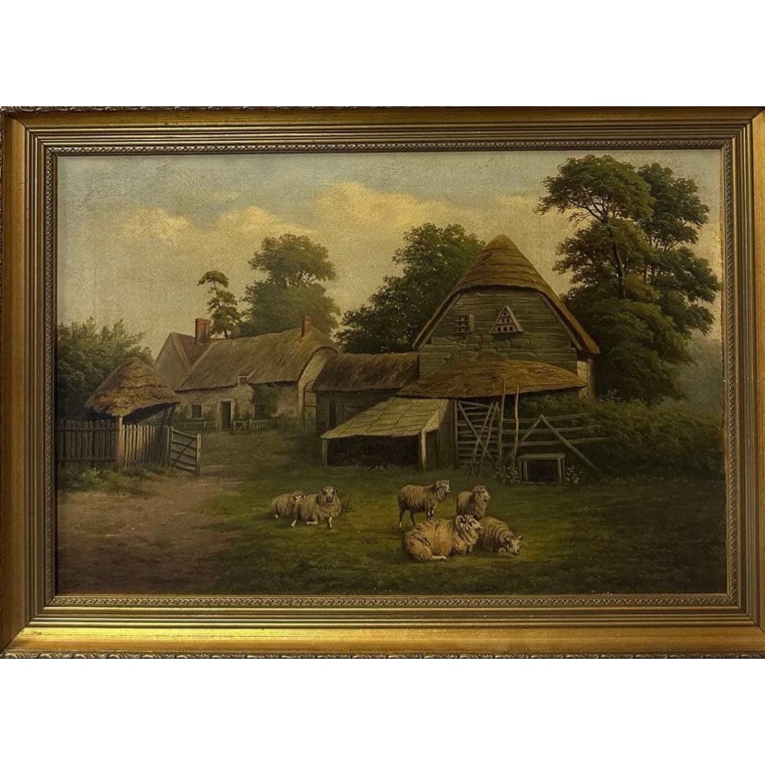United Kingdom, William P. Cartwright, 1903, "Rural Landscape with Flock of Sheep": This is an oil painting created by the British artist William P. Cartwright in 1903. The painting depicts an old English cottage and barn, with a flock of sheep quietly grazing in the foreground. The 