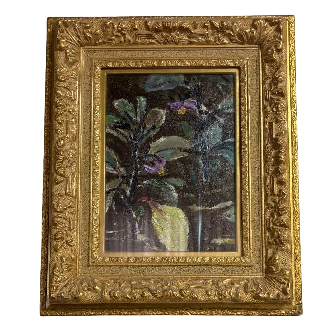 Koito Gentaro, Oil Painting, Eggplant, Size 4: Oil Painting "Eggplant" No. 4 An oil painting depicting plants and flowers, accompanied by a gold decorative frame. The frame is made of gold decorative material. The theme of the painting is a landsc