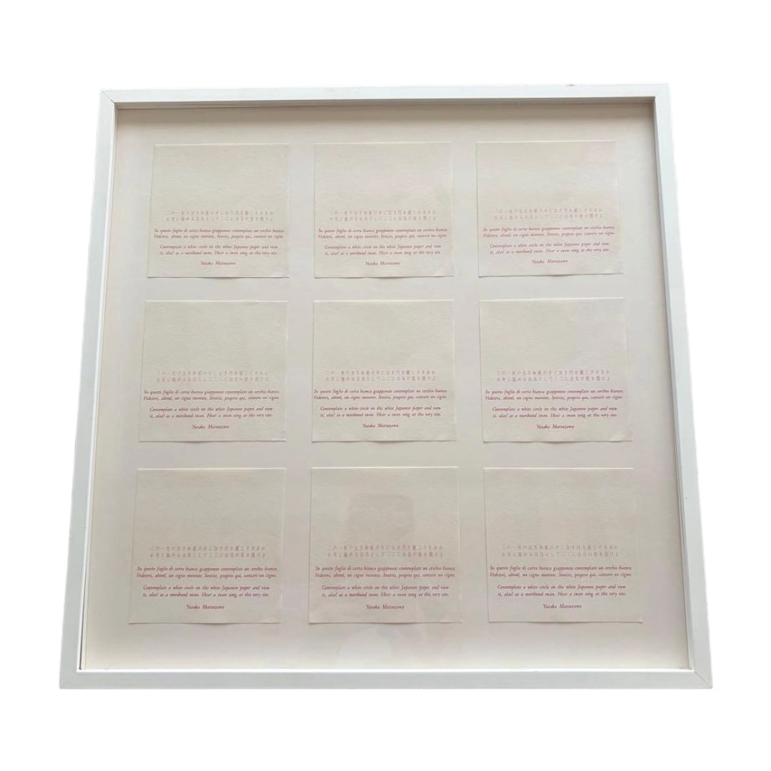 Matsuzawa Yutaka, Framed Work, Conceptual Art: Matsuzawa Yutaka Framed Work Conceptual Art A conceptual art piece by Matsuzawa Yutaka. The framed work features nine segments of poetic text written on white Japanese paper (washi). "The Sound of Era