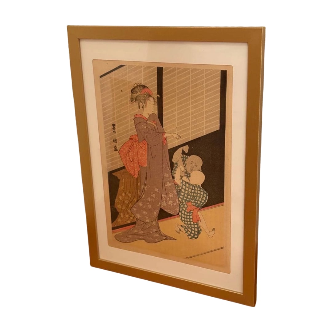 Taisho period ukiyo-e depicting women and children.: Taisho Period Ukiyo-e: Woman and Child An ukiyo-e depicting a woman and child dressed in purple kimono. Mounted in an A4-sized acrylic frame. Technique: Woodblock print ukiyo-e. Attire of figures: Pur